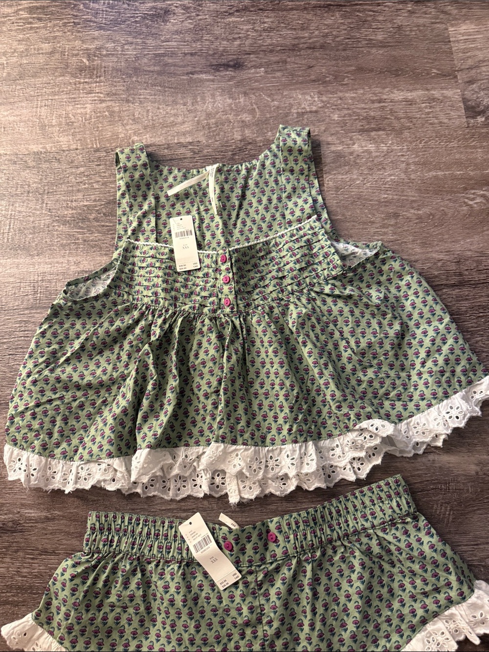 Anthropologie Green Floral Lace-Trim Pajama Set - Picture 3 of 5
